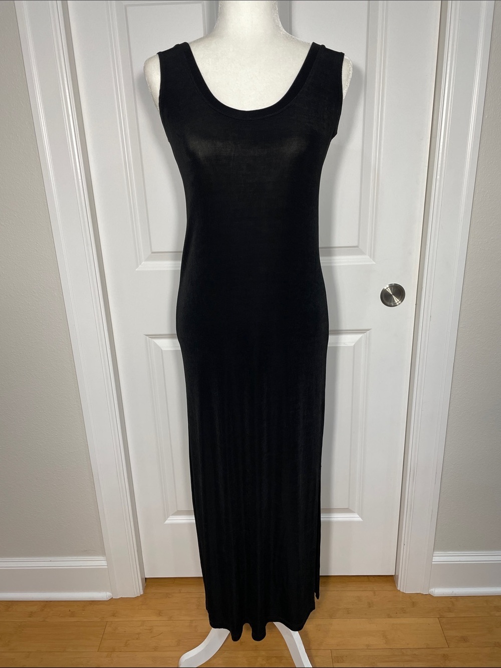 Flax Slinky Maxi Dress Small Black Sleeveless Scoop Neck Side Slit